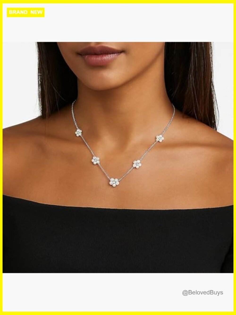 Stainless Steel Daisy Pearl Choker Necklace, Adjustable 15 Inch Chain - Picture 6 of 7